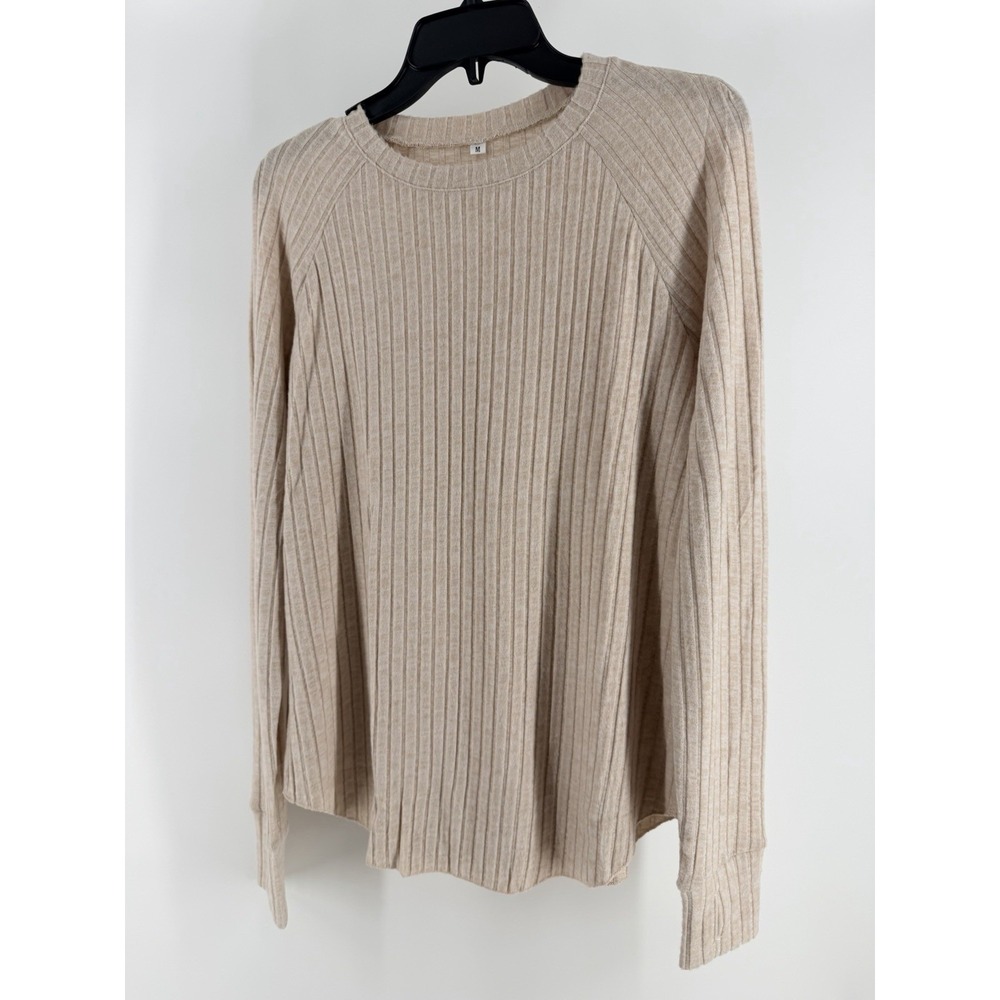 Unbranded Women Tan Beige Ribbed Knit Long Sleeve Crew Neck Top Size M